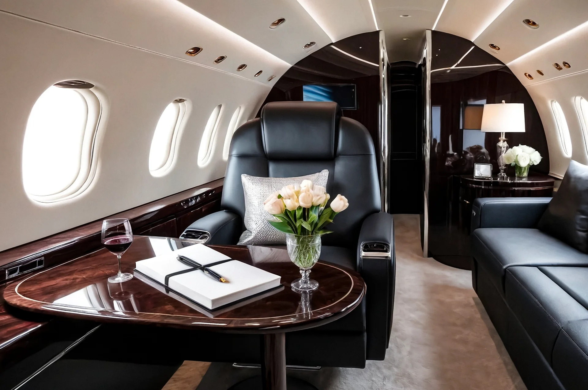 Rihanna Privatjet VIP Salon mit Blumen und Champagner